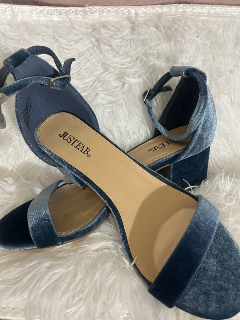 JustFab Navy Velvet Block Heel Sandals with Ankle Strap